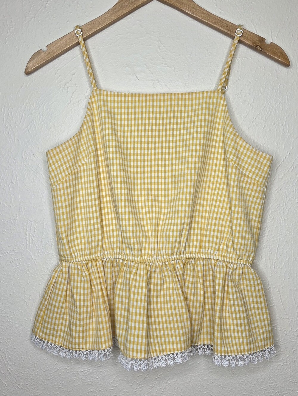 English Factory Yellow Gingham Peplum Cami Top Lace Trim Cottagecore Size S
